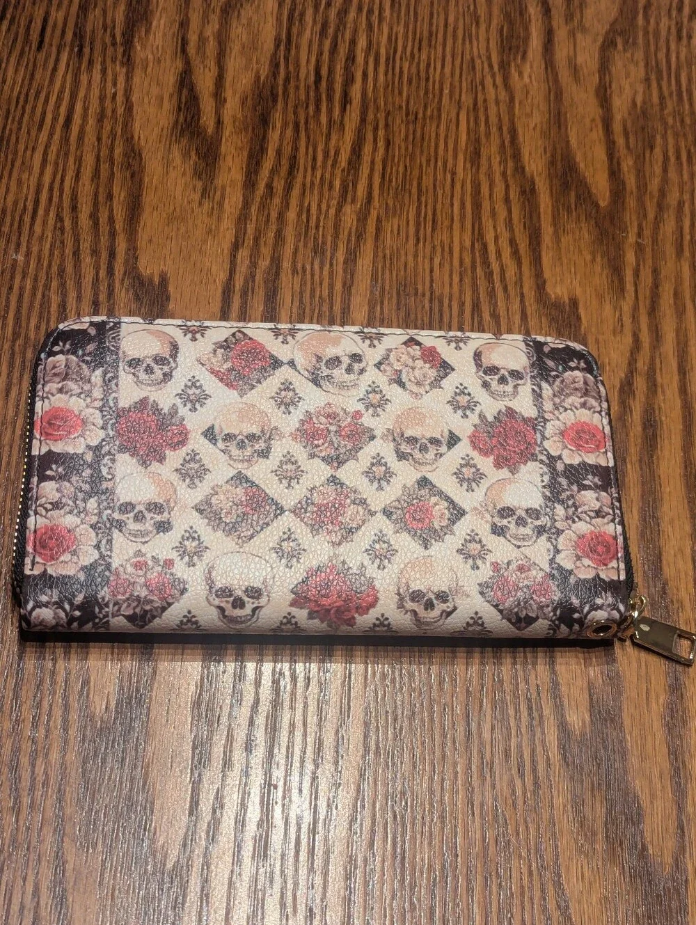 Skullette Mournaire Skull & Roses Vegan Faux Leather Long Wristlet Wallet NEW!